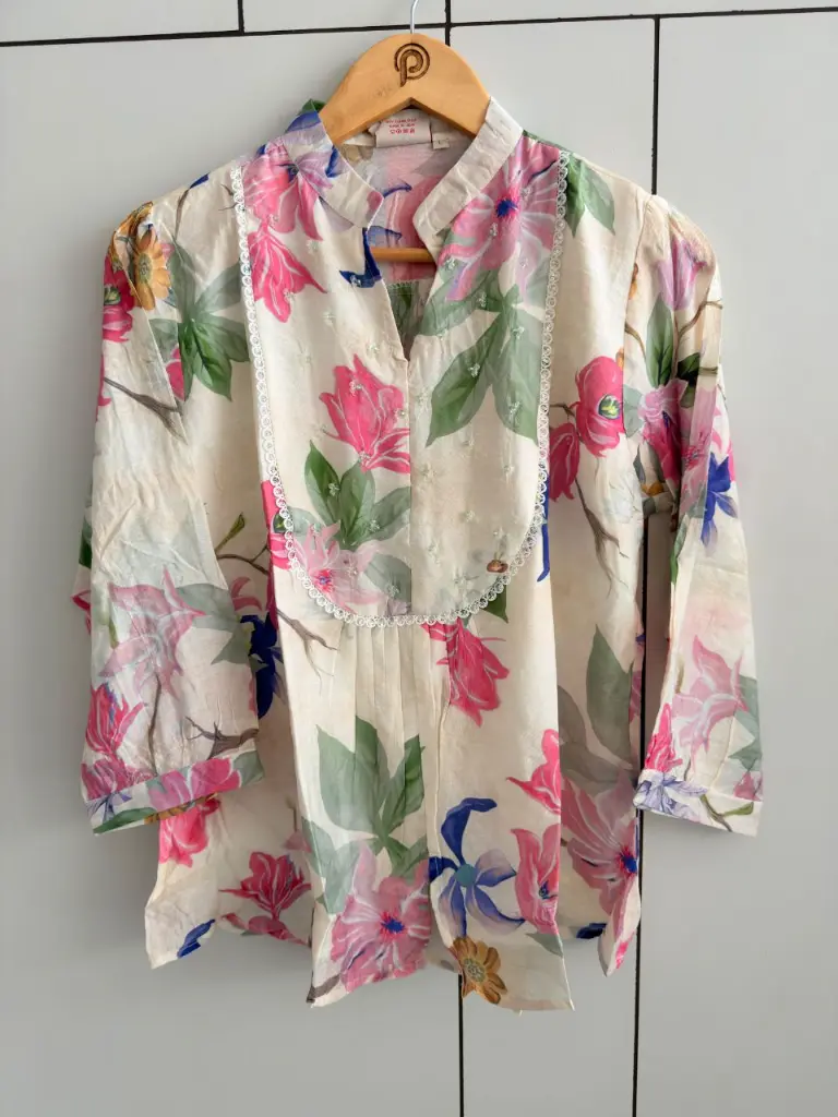 Off-White Pink Floral Printed & Embellished Pure Imported Linen Top