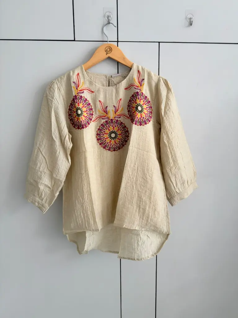 Beige & Multi-Color Embroidered Pure Imported Linen Top