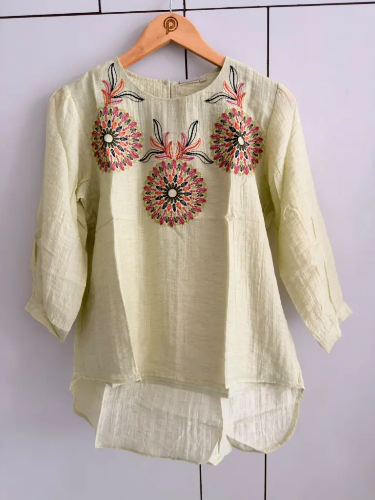 Light Green & Multi-Color Embroidered Pure Imported Linen Top