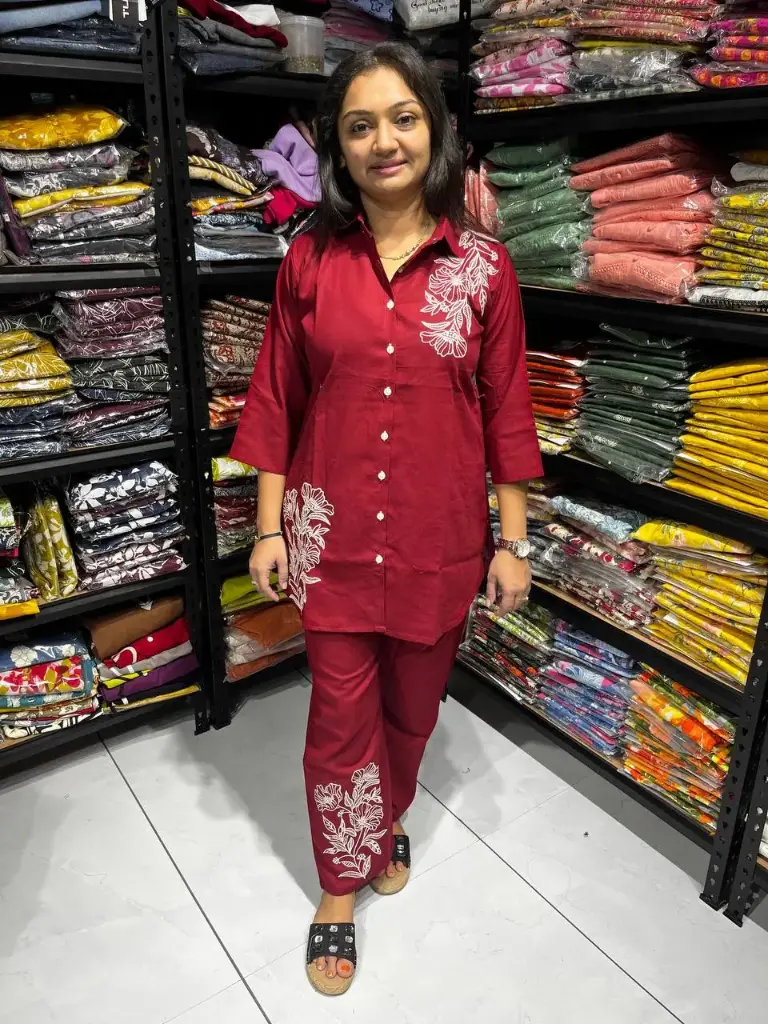 Maroon Cross Flowers Cotton Co-Ord Set