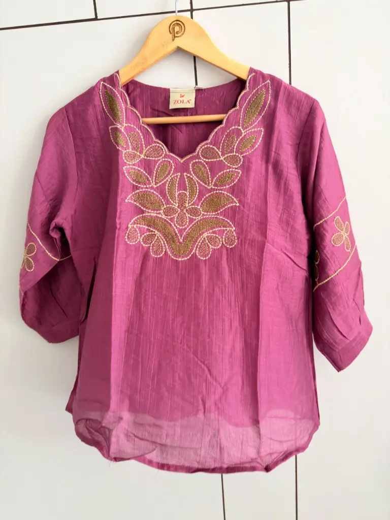 Magenta Gold-Thread Embroidered Pure Imported Linen Top