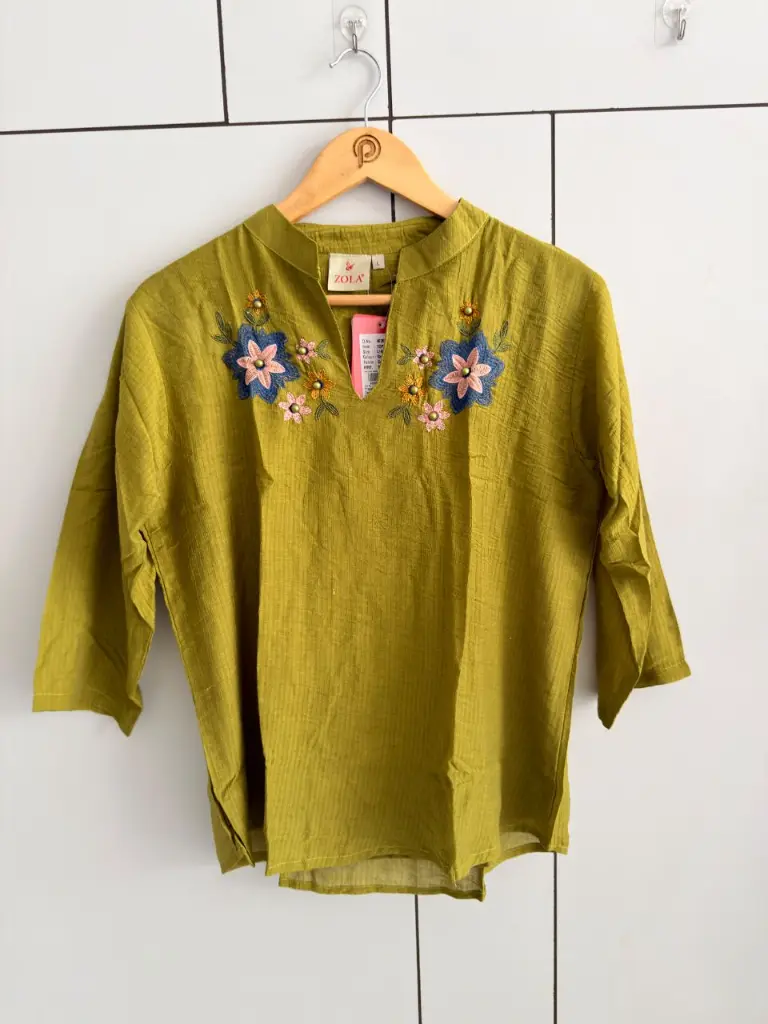 Olive Green Floral Embroidered & Embellished Pure Imported Linen Top