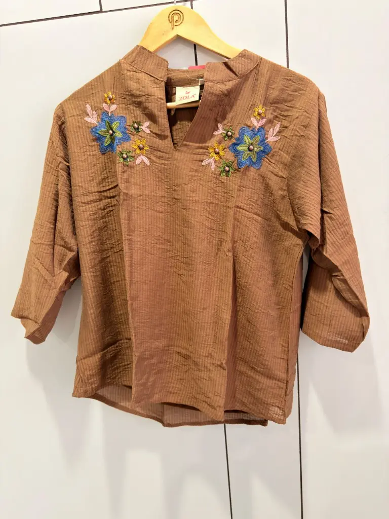 Brown Floral Embroidered & Embellished Pure Imported Linen Top