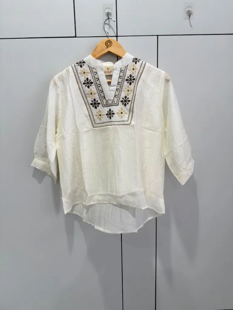 Off-White Geometric Embroidered Pure Imported Linen Top