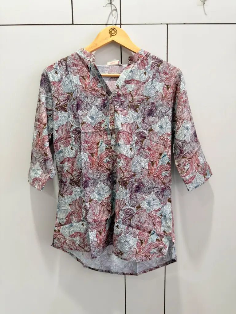 Mauve & Grey Abstract Floral Print Pure Imported Linen Top