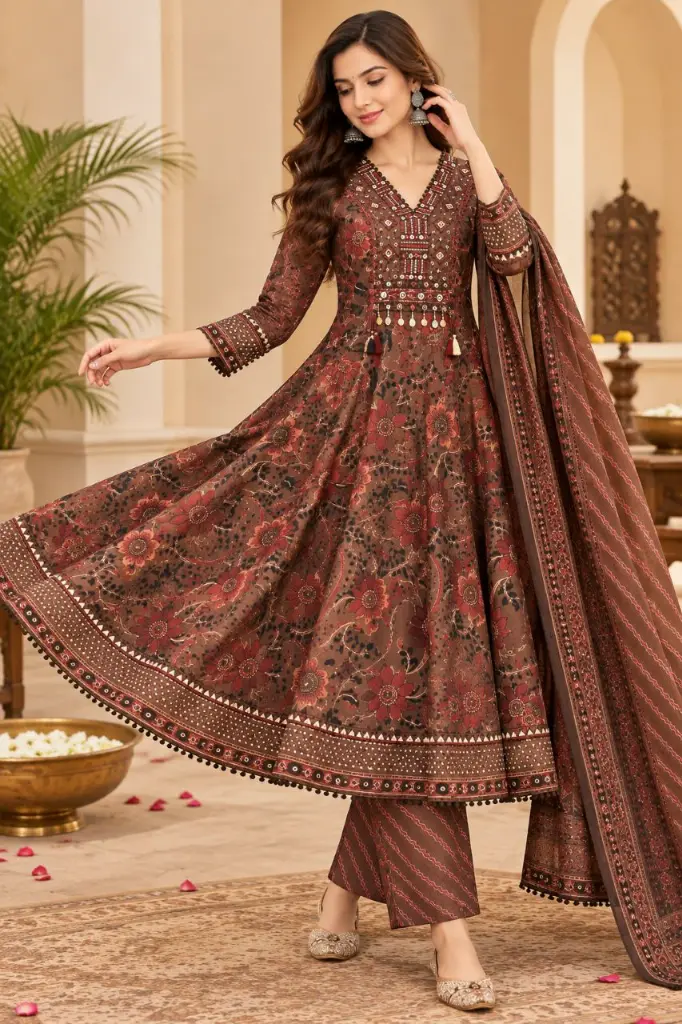 Rust Bloom Floral Printed Anarkali Suit Set