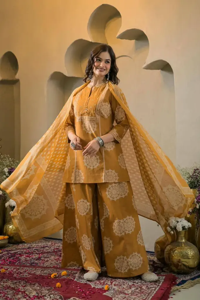 Mustard Gold Mandala print kurta dupatta cord set