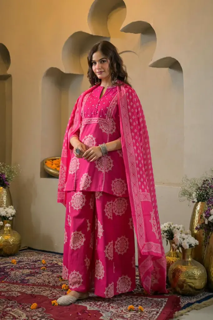 Magenta pink mandala print kurta dupatta cord set