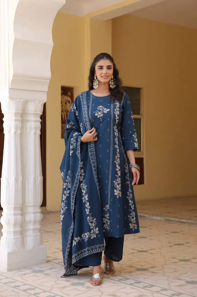 Teal Blue & Beige printed pure cotton 3-piece kurta set