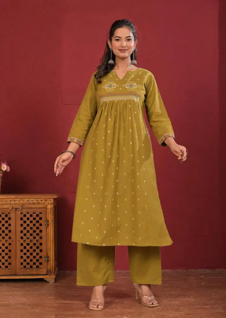 Olive Green Embroidered Flex Cotton 2-Piece Kurta Set