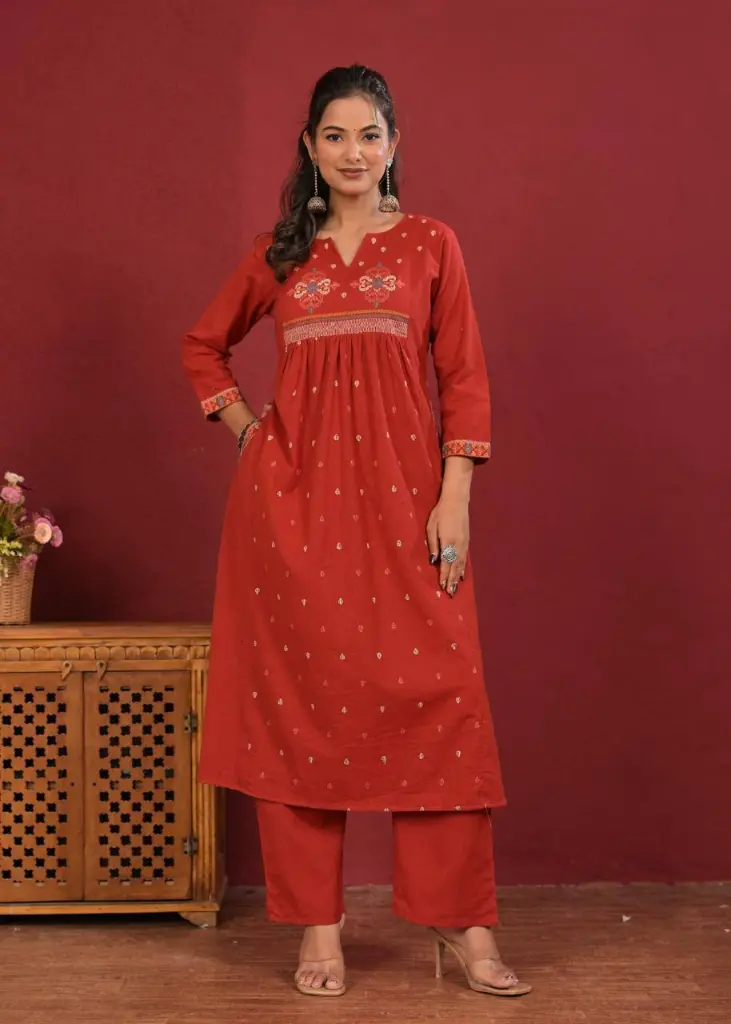 Rust Flex Cotton Straight Kurta Set with Embroidered Yoke