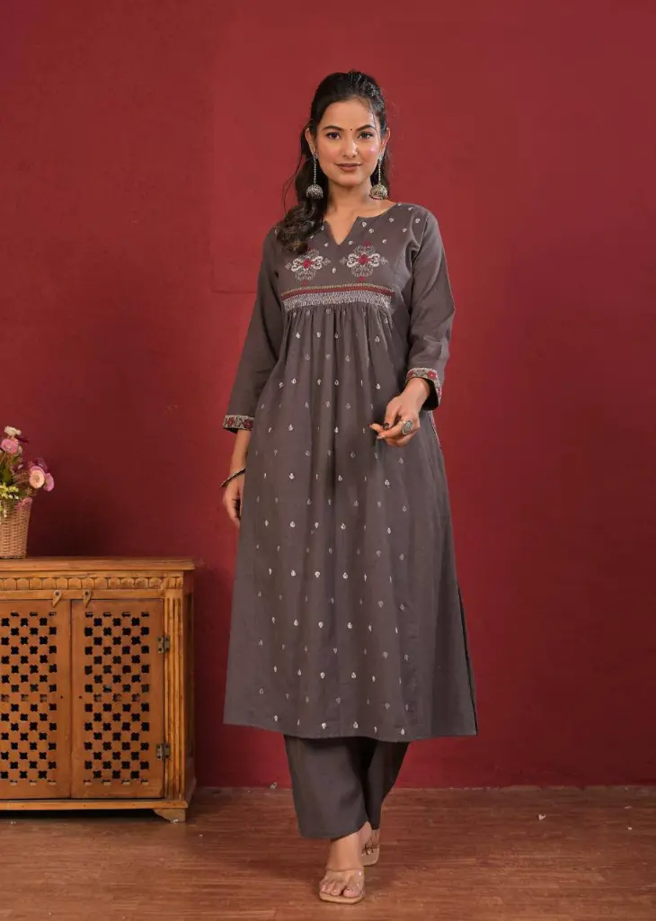 Charcoal Grey Embroidered Flex Cotton 2-Piece Kurta Set