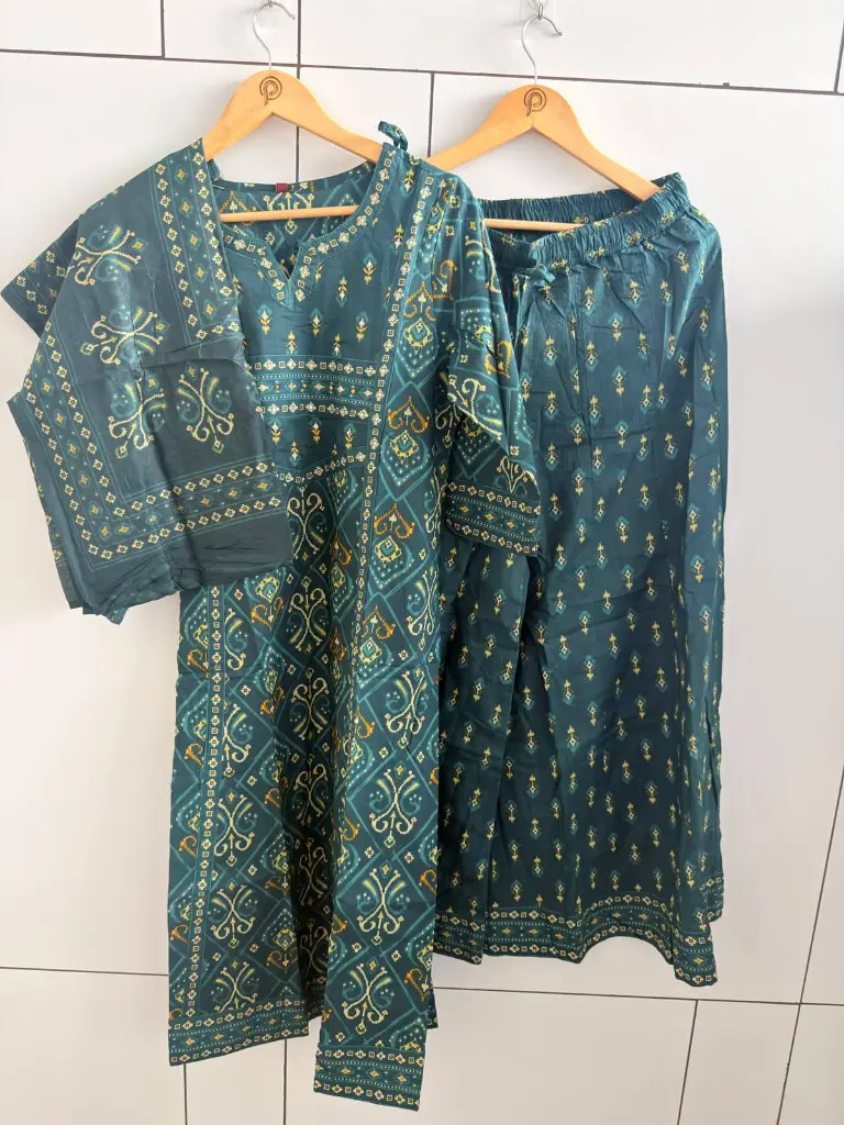 Teal Green Bandhani & Traditional Print Soft Cotton 3-Piece Kurta Set