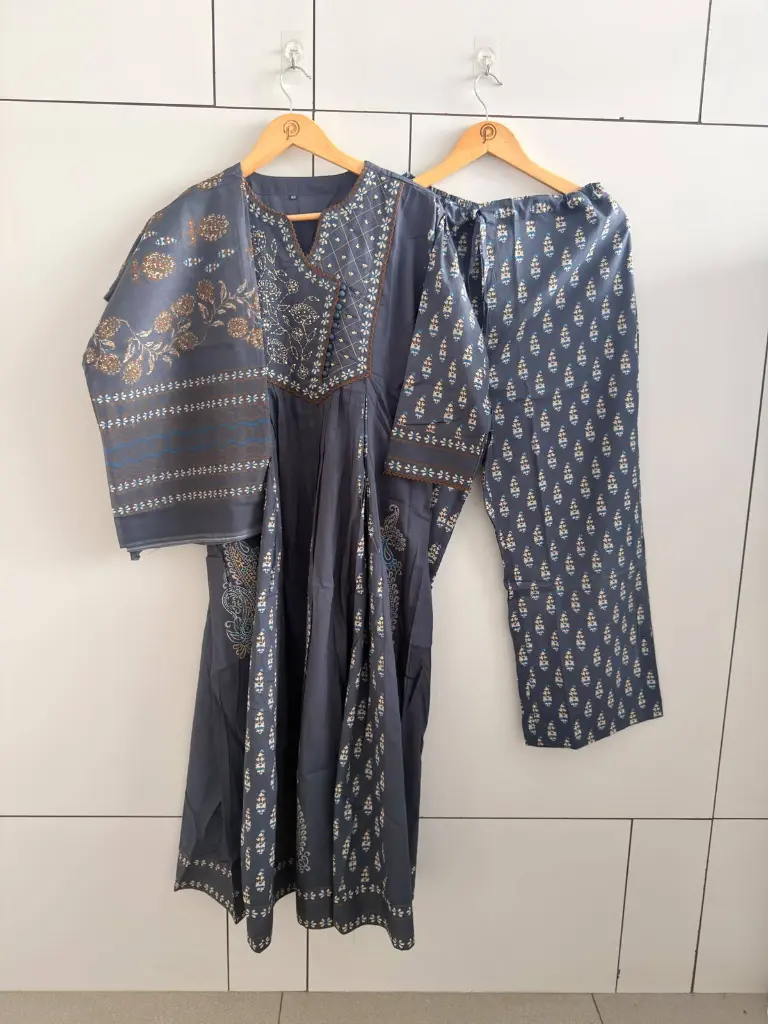 Slate Grey Printed & Embroidered Soft Cotton 3-Piece Kurta Set