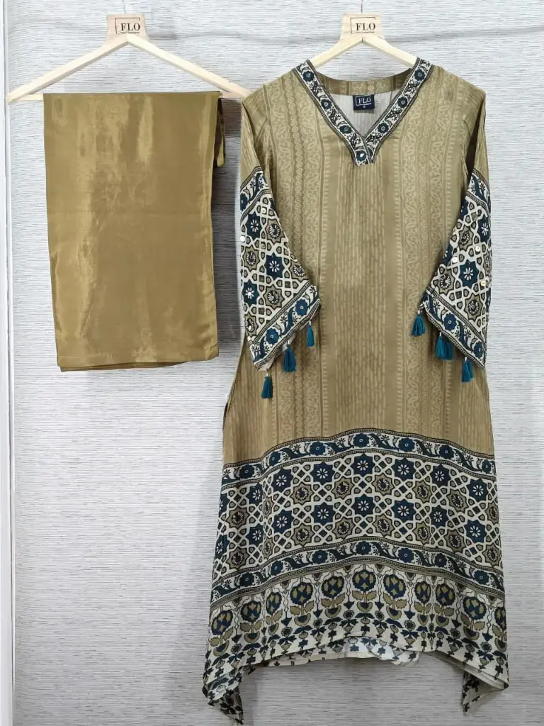 Olive Green & Teal Blue Crepe Printed 3-Piece Kurta Set