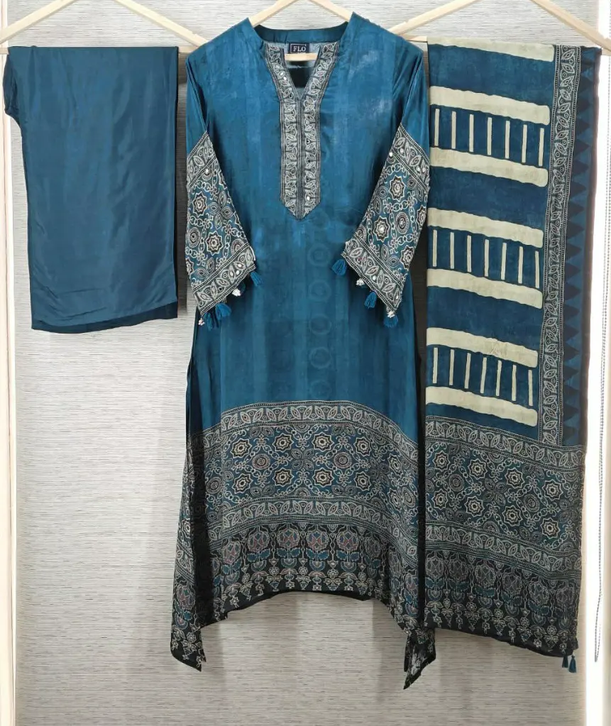Teal Blue & Cream Crepe Printed 3-Piece Kurta Set