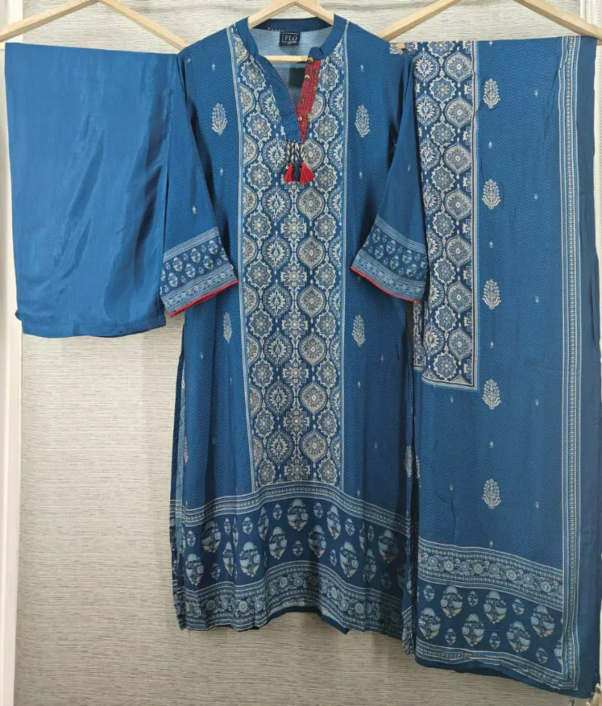 Blue & Cream Muslin Crepe Printed 3-Piece Kurta Set