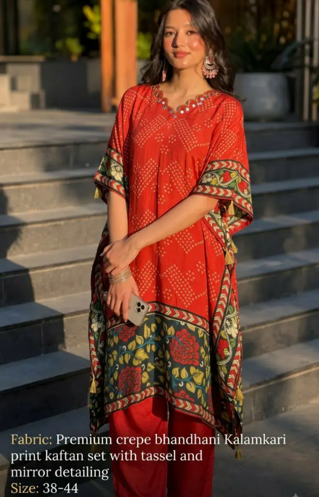 Red & Green Bandhani Print Natural Crepe Kaftan Set
