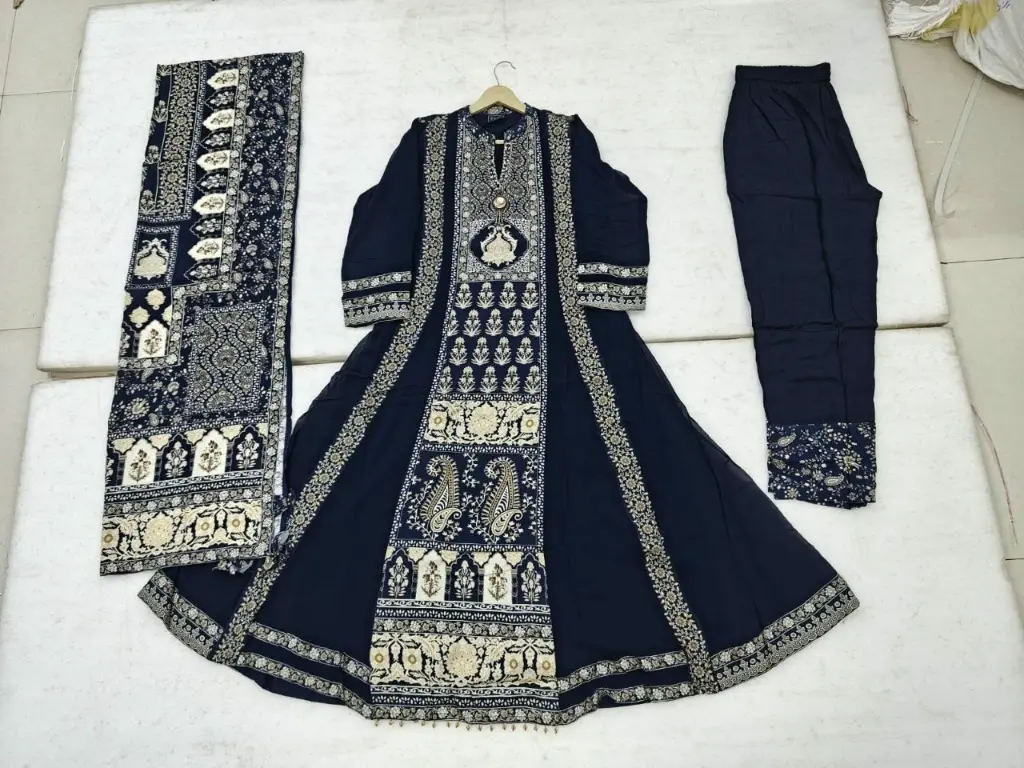 Navy Blue Printed & Embroidered Muslin Georgette Anarkali Set