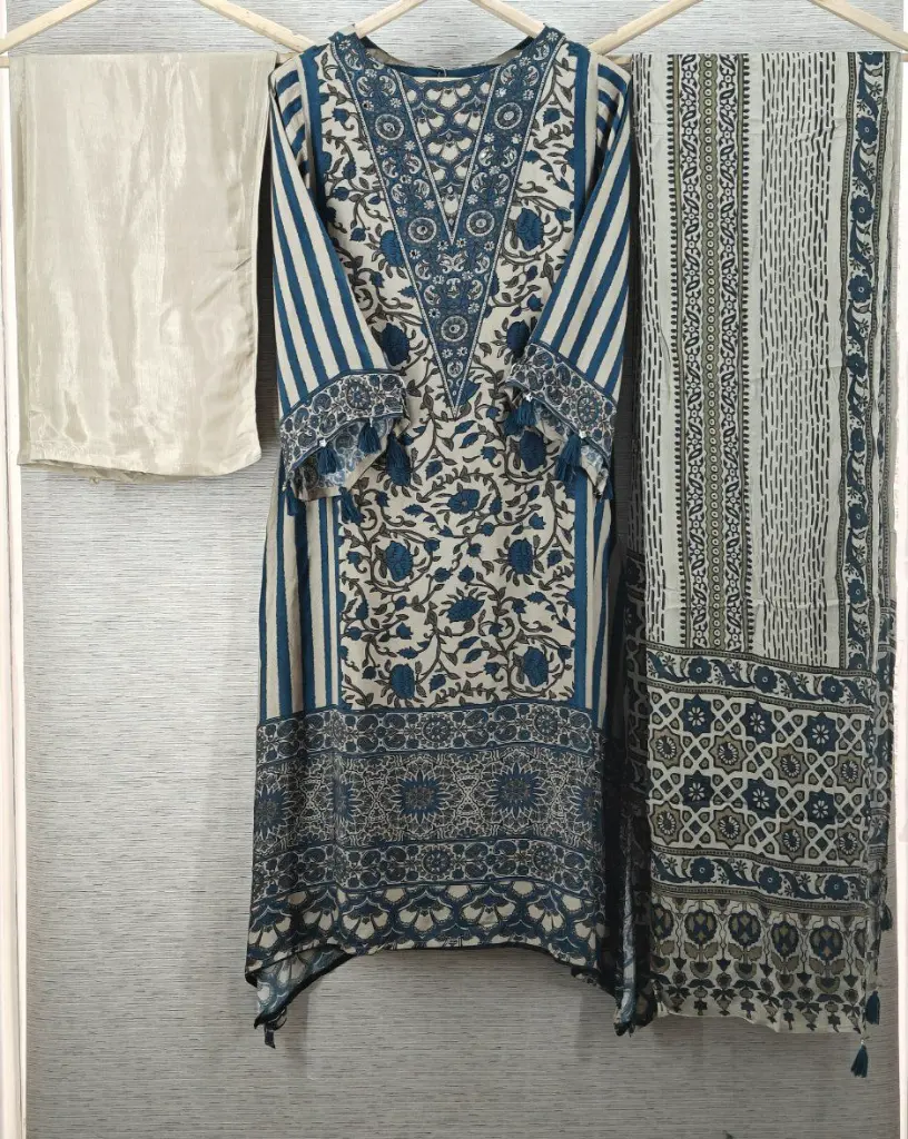 Blue & Cream Muslin Crepe Printed 3-Piece Kurta Set
