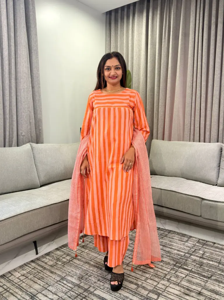 Orange & Peach Striped Pure Cotton 3-Piece Kurta Set