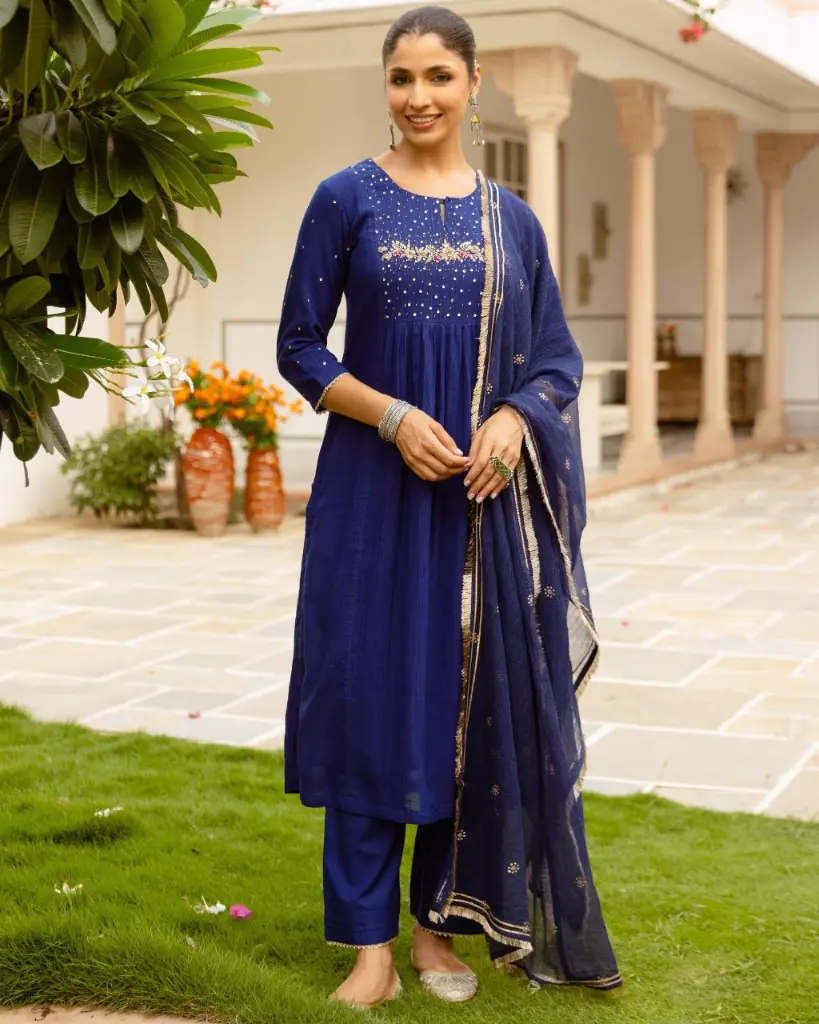 Royal Blue Kota Doriya Hand-Work 3-Piece Kurta Set