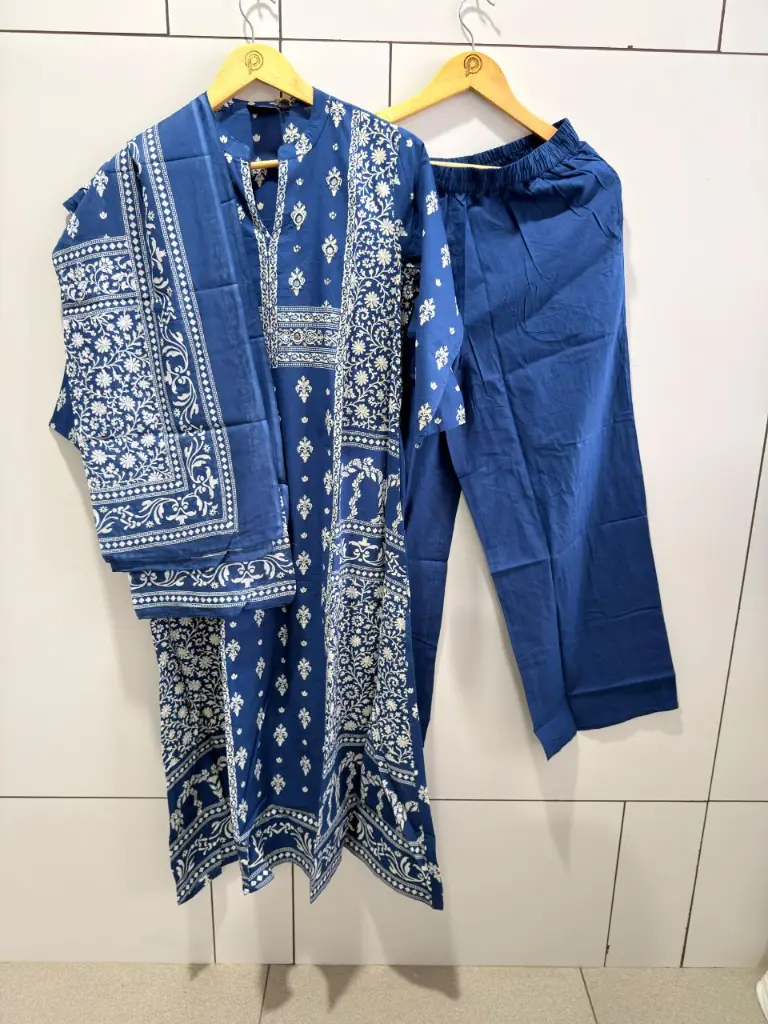 Royal Blue Printed Pure Cotton 3-Piece Kurta Set