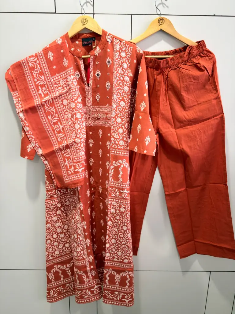 Rust Orange Printed Pure Cotton 3-Piece Kurta Set