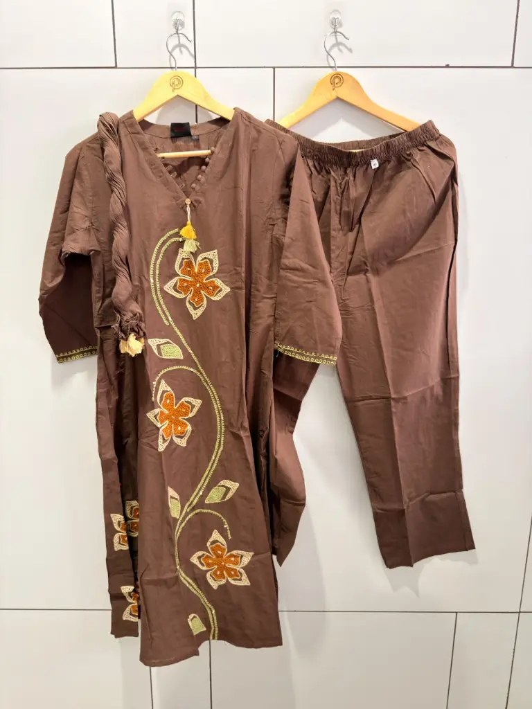 Brown Floral Wool work Pure Cotton 3-Piece Kurta Set