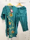 Teal Green Floral Wool work Pure Cotton 3-Piece Kurta Set