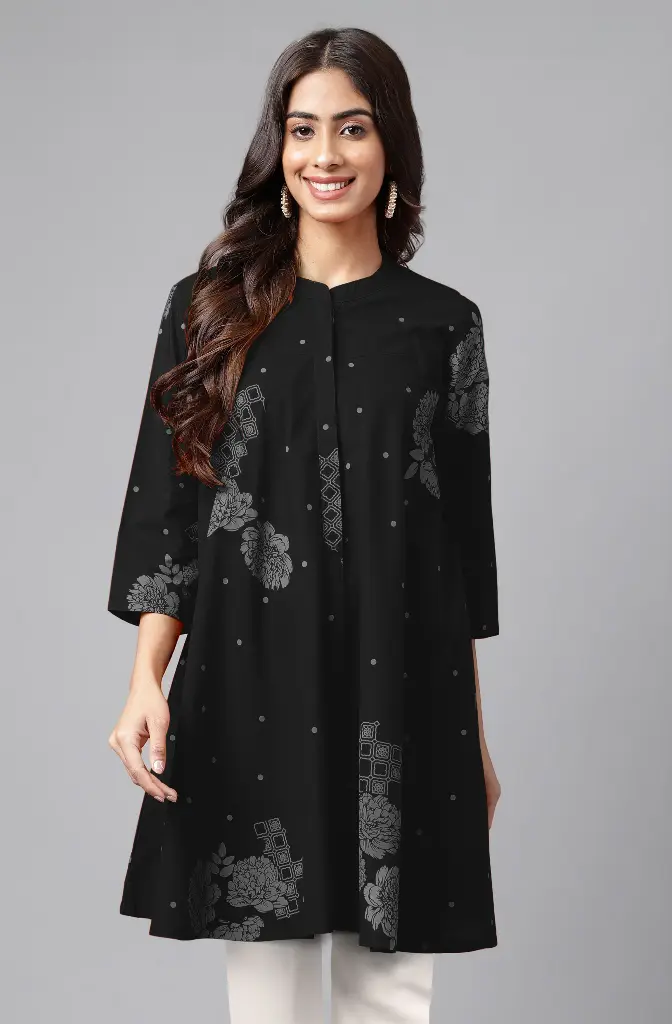 Black Pure Cotton Floral Printed Flared Tunic