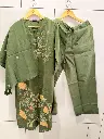 Olive Green Floral Embroidery Pure Cotton 3-Piece Kurta Set