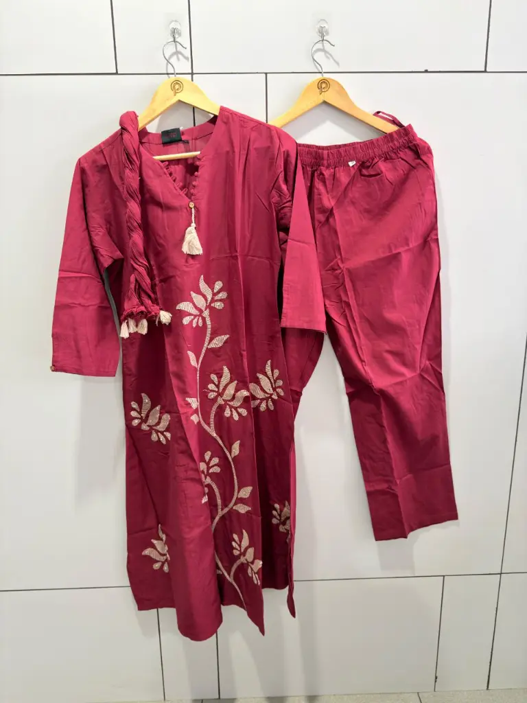 Magenta Pink Floral Embroidery Pure Cotton 3-Piece Kurta Set