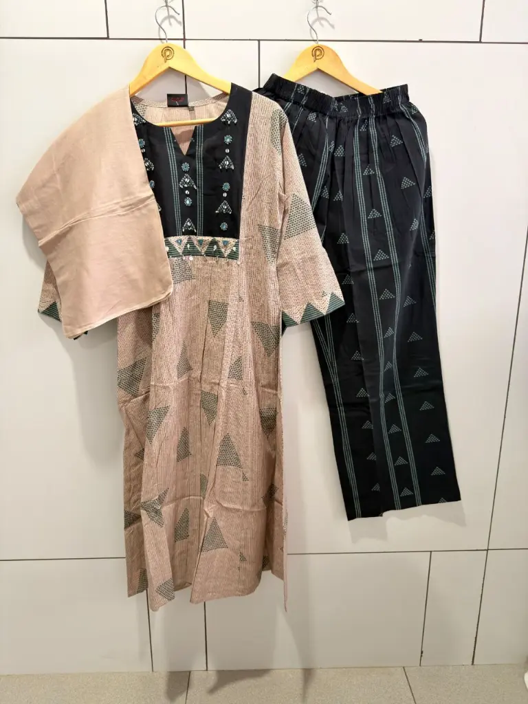 Beige & Black Triangle Print Pure Cotton Suit Set