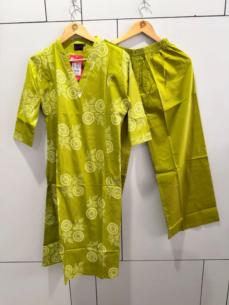 Lime Green Floral Print Pure Cotton 2-Piece Kurta Set