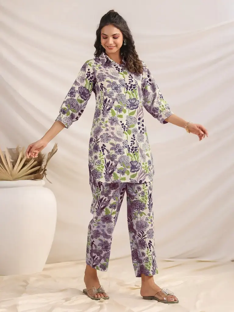 Purple Green Pure Cotton Floral Printed Straight Co-ord Set