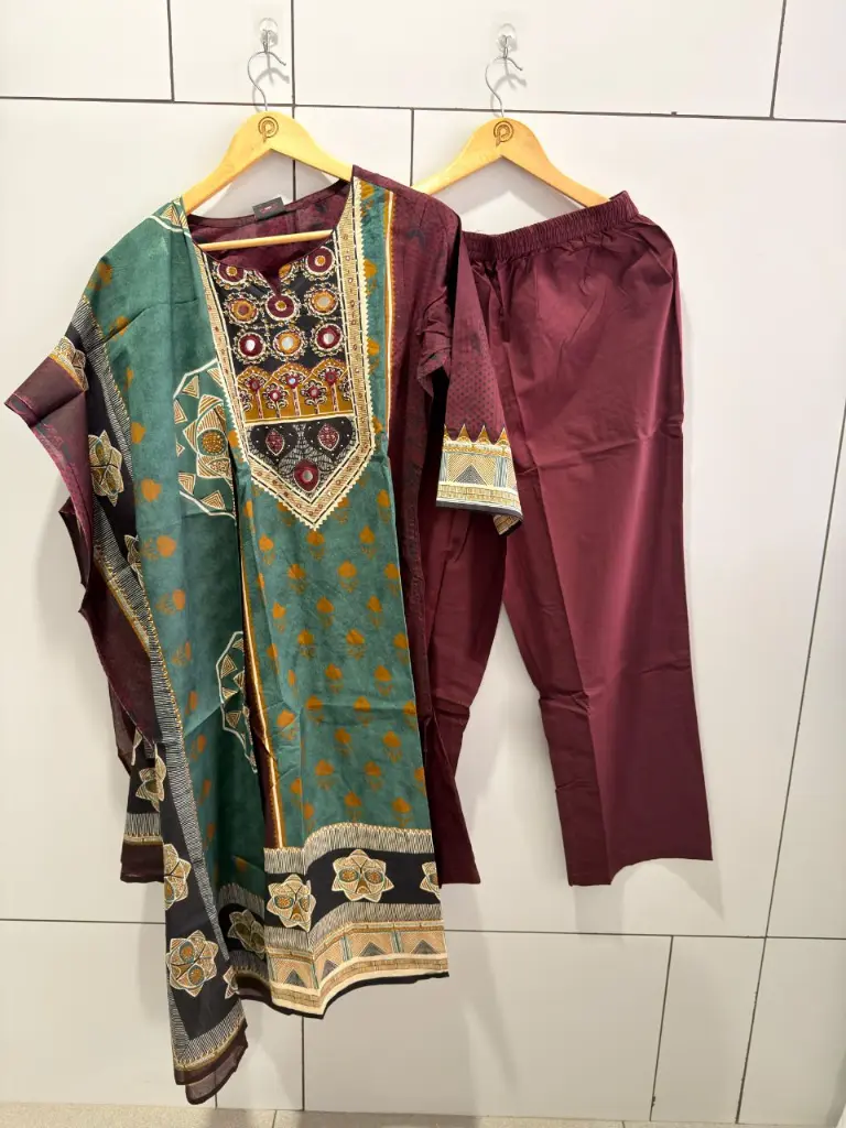 Maroon & Green Ethnic Print Pure Cotton 3-Piece Kurta Set
