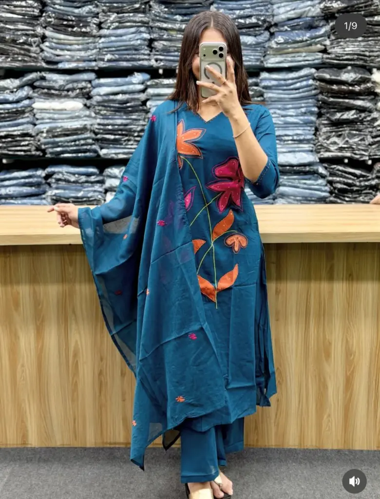 Teal Blue Floral Appliqué Pure Silky Cotton 3-Piece Kurta Set