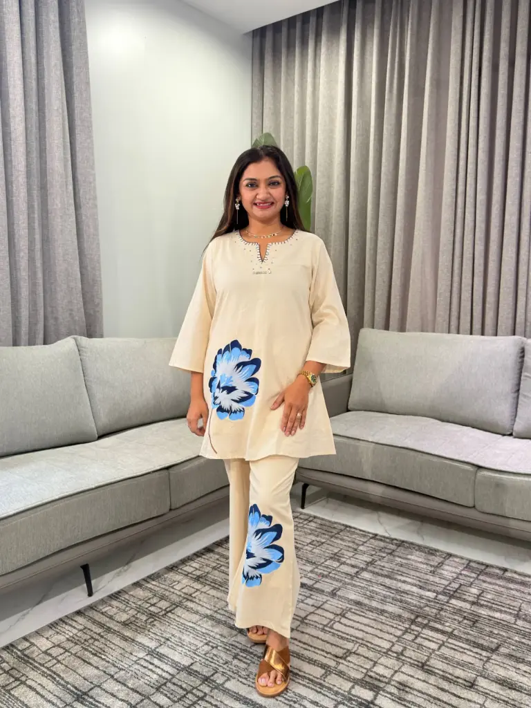 Off-White Blue Floral Applique Pure Mull Cotton Co-Ord Set