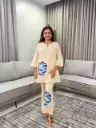 Off-White Blue Floral Applique Pure Mull Cotton Co-Ord Set