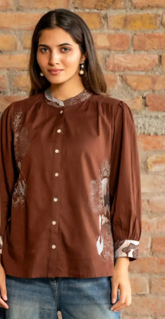 Brown Embroidered Pure Mull Cotton Top