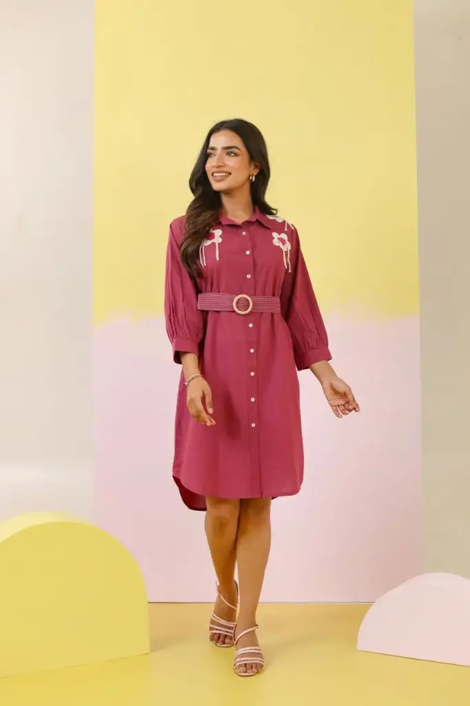 Noir Élan Pink & White Crochet Cotton Dress