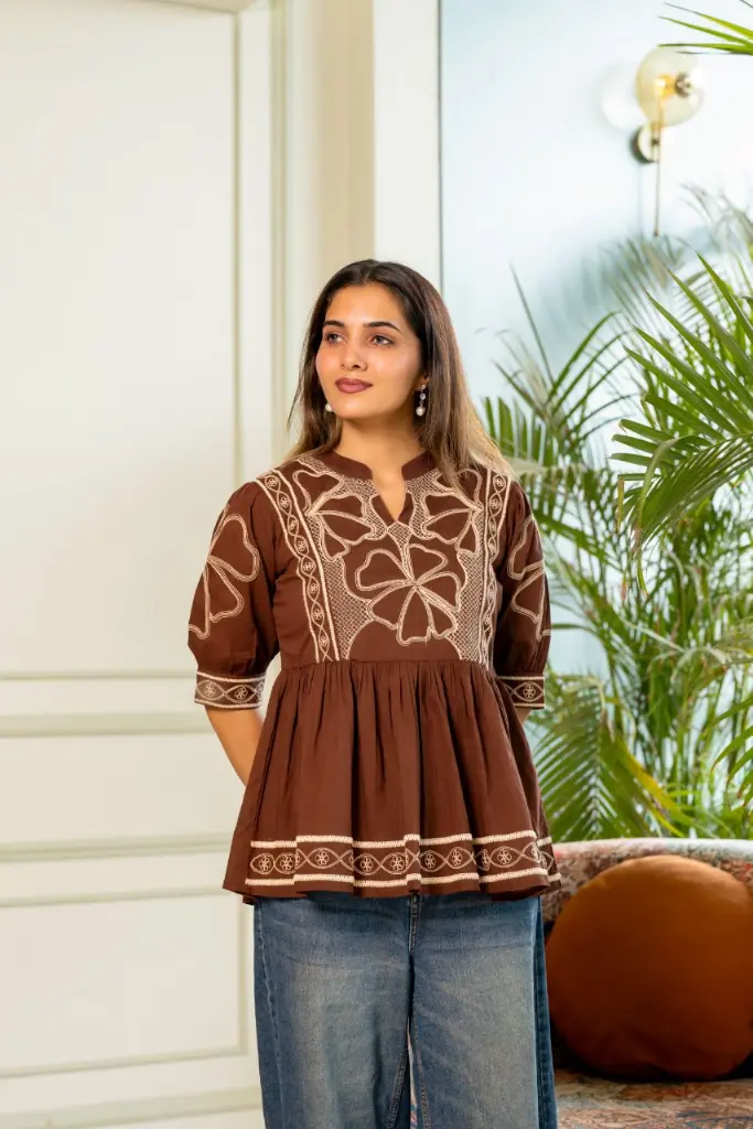 Brown Embroidered Pure Mull Cotton Peplum Top