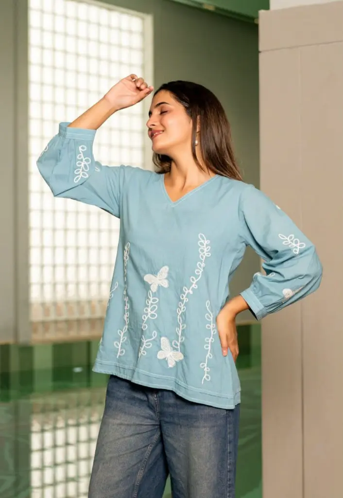 Sky Blue Floral Embroidered Pure Mull Cotton Top