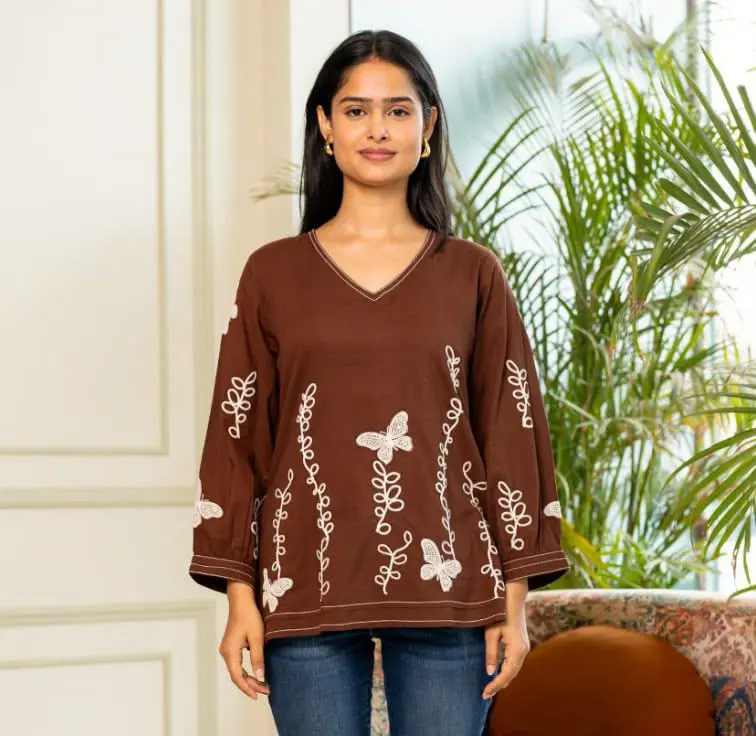 Chocolate Brown Butterfly & Vine Embroidered Pure Mull Cotton Top