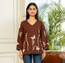 Chocolate Brown Butterfly & Vine Embroidered Pure Mull Cotton Top