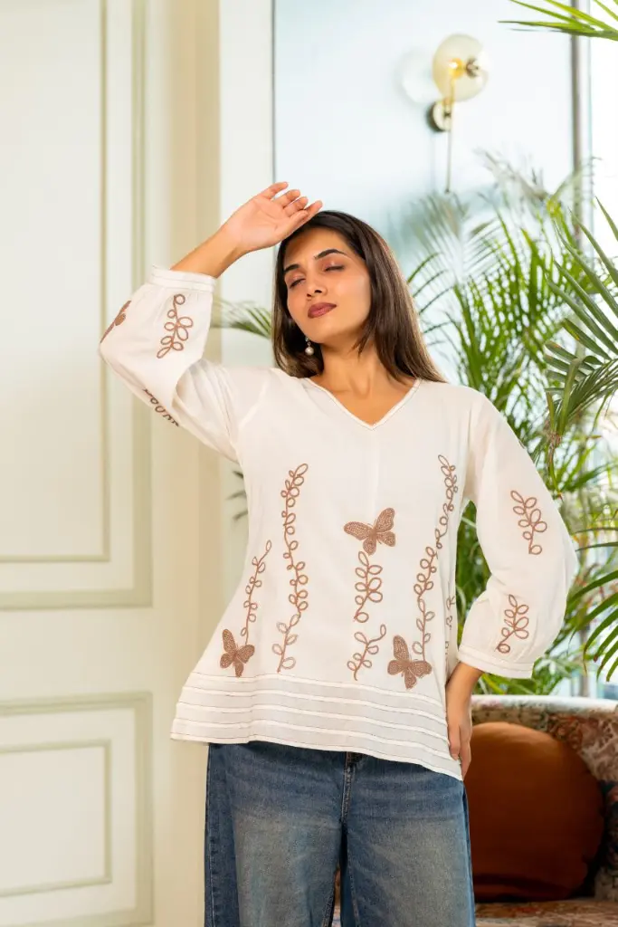Ivory White Butterfly & Vine Embroidered Pure Mull Cotton Top