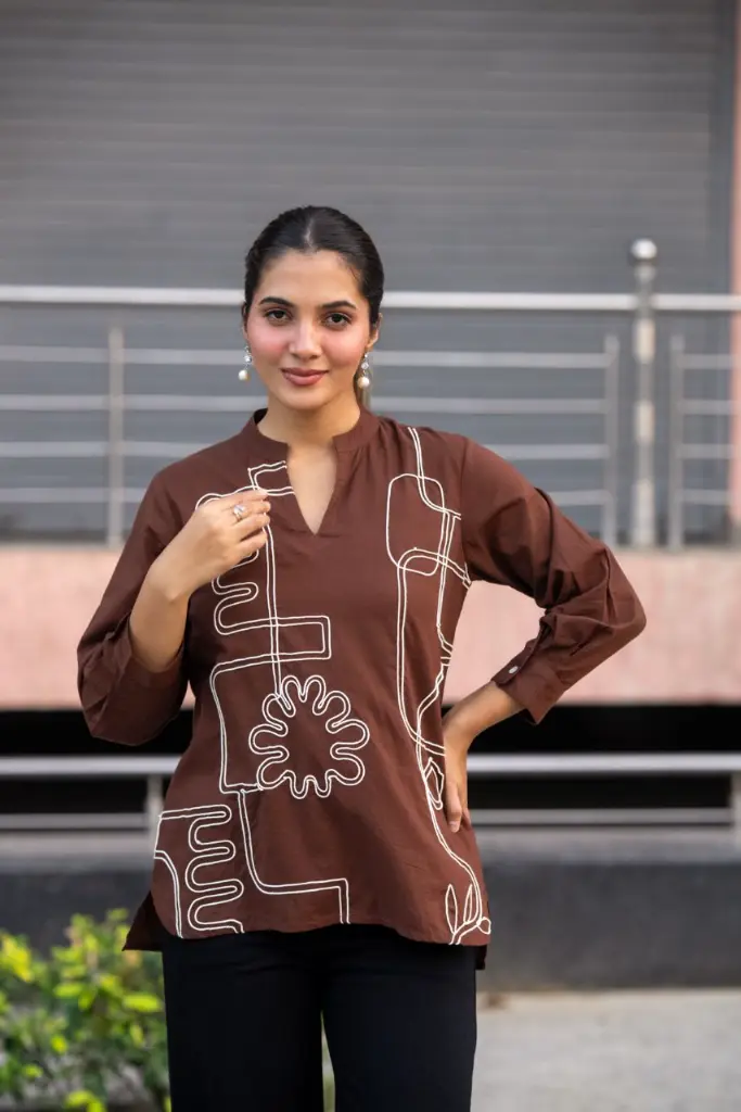 Chocolate Brown Abstract Embroidered Pure Mull Cotton Top