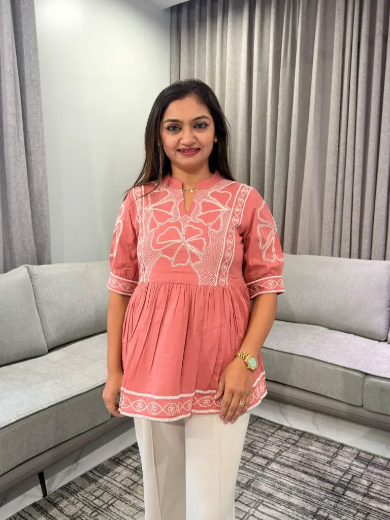 Coral Pink Floral Embroidered Pure Mull Cotton Peplum Top