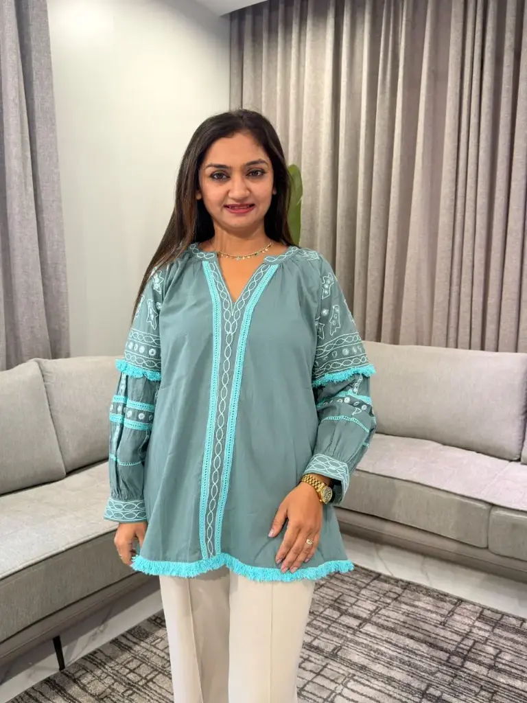 Sea Green Embroidered Pure Mull Cotton Tassel Top